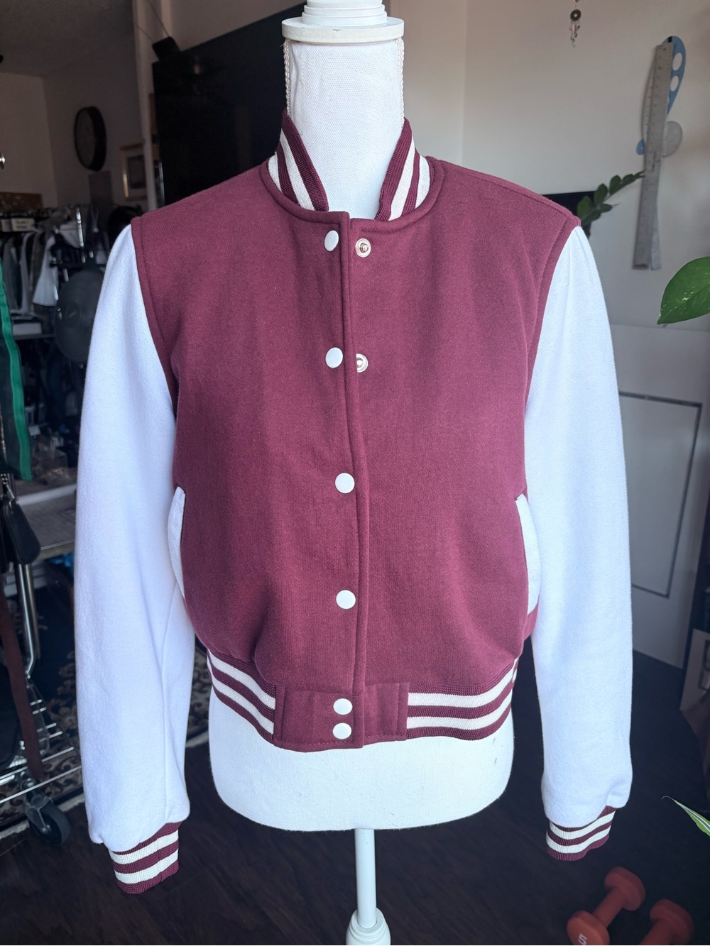 Women's Burgundy & White Cropped Fit Collegiate Varsity Jacket - Size M